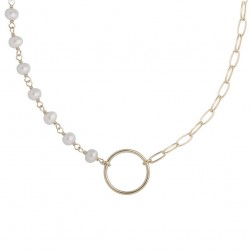 COLLIER 42CM P.OR ASSYM CERCLE ET M. OVALES VS CH. PERLES D'EAU DOUCE