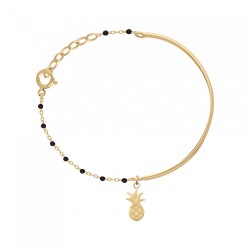 BRACELET DEMI JONC P.OR CHAINE RESINE NOIRE + PEND. ANANAS