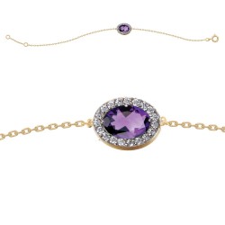 BRACELET 18CM PLAQUE OR BICOLORE MARQUISE CZ AMETHYSTE