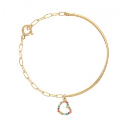 BRACELET DEMI JONC P.OR CHAINE OVALE ET PEND. COEUR MULTI CZ TRANSP