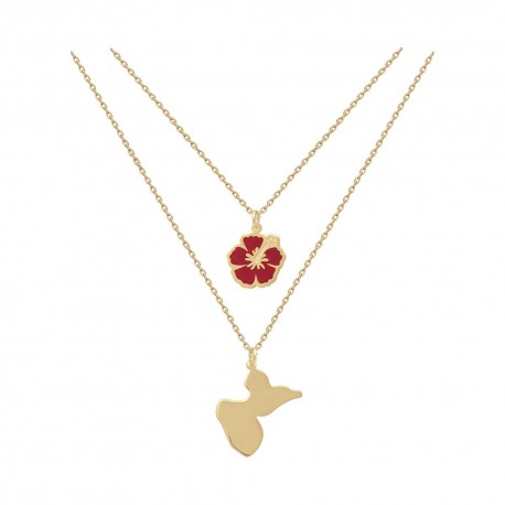 COLLIER 50CM P.OR DOUBLE RANGS HIBISCUS EMAIL ROUGE ET GUADELOUPE
