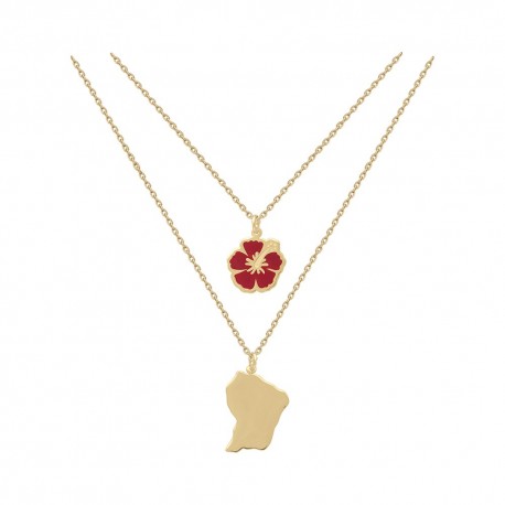 COLLIER 50CM P.OR DOUBLE RANGS HIBISCUS EMAIL ROUGE ET GUYANE