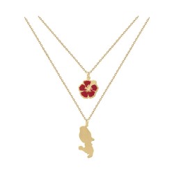 COLLIER 50CM P.OR DOUBLE RANGS HIBISCUS EMAIL ROUGE ET MARTINIQUE