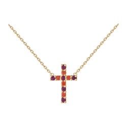 COLLIER 45CM P.OR CROIX CZ RUBIS ET ORANGE