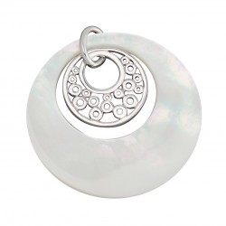 PENDENTIF ARGENT MOTIF FILIGRANE + NACRE BLANCHE DIAMETRE 40MM