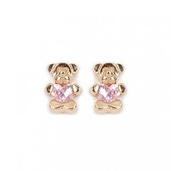CLOUS D OREILLES OURSON ZIRCONIUM ROSE ENFANT PLAQUE OR