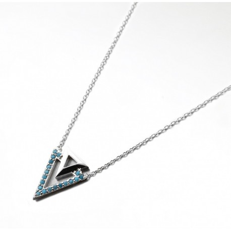 COLLIER 42CM ARGENT 925 2 TRIANGLES CZ TURQUOISE
