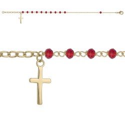 BRACELET 19CM POR CHAPELET BEADS ROUGES CROIX EN PAMPILLE