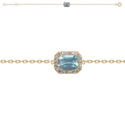 BRACELET 18CM P.OR BICOLORE CZ RECTANGLE AQUA MARINE