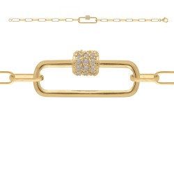 BRACELET 18.5CM P.OR MAILLE OVALE ET MOUSQUETON CZ BLANC