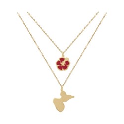 COLLIER 50CM P.OR DOUBLE RANGS HIBISCUS EMAIL ROUGE ET GUADELOUPE