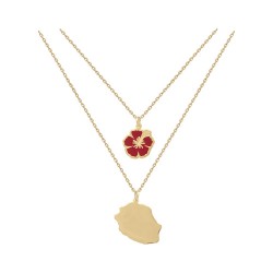 COLLIER 50CM P.OR DOUBLE RANGS HIBISCUS EMAIL ROUGE ET ILE DE LA REUNION