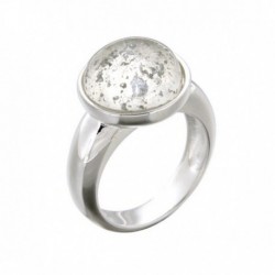 BAGUE CABOCHON RESINE TRANSLUCIDE PAILLETTES ARGENT DIAMETRE 15MM TAILLE 56