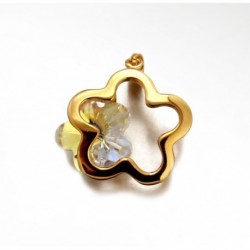 PENDENTIF PLAQUE OR FLEUR ET FLEUR CRISTAL