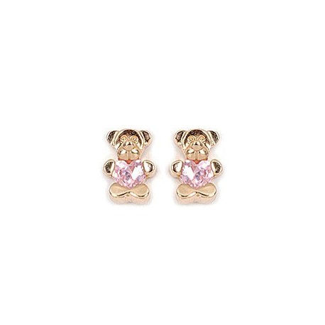 CLOUS D OREILLES OURSON ZIRCONIUM ROSE ENFANT PLAQUE OR